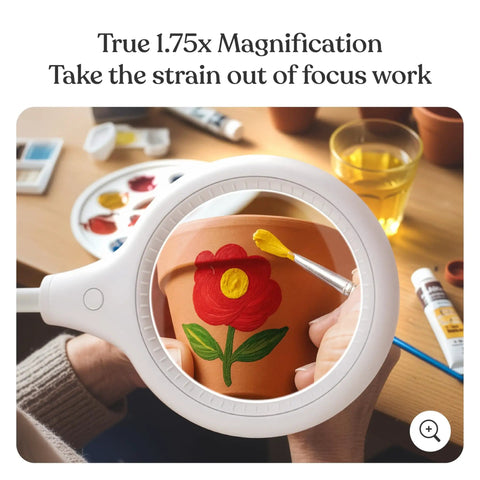 LightView Pro Flex 2 in 1 Magnifying Desk Lamp With 1.75x LED Light Magnifier Flexible Gooseneck For Crafts Reading Close Work Hands Free Task Lighting illuminating red flower painting on a pot