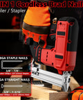Close-up of Heavy Duty 18 Gauge Cordless Brad Nailer And Stapler Kit showing details of nail types and tool design.