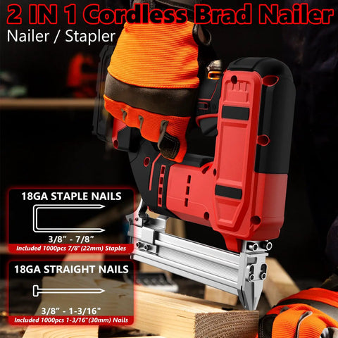 Close-up of Heavy Duty 18 Gauge Cordless Brad Nailer And Stapler Kit showing details of nail types and tool design.