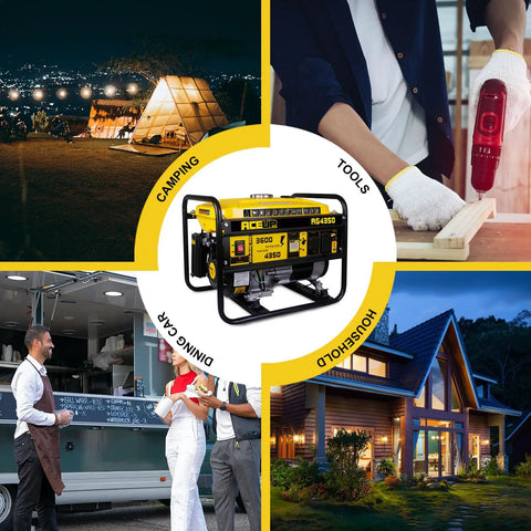 4350 Watt Gas Generator for Home Use with various scenes of camping, tools, dining, and household use displayed in background.