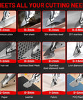 Pro Grade Cordless Metal Shears with 18V Power cutting various materials including metal, paper, and plastic, highlighting versatility