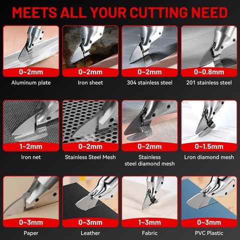 Pro Grade Cordless Metal Shears with 18V Power cutting various materials including metal, paper, and plastic, highlighting versatility