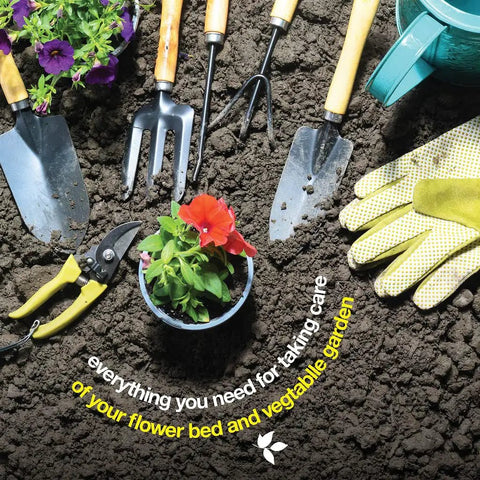 10 Piece Garden Tools Set With Heavy Duty Hand Tools And Fashion Tote Bag For Women Ergonomic Handles Includes Weeder Transplanter Trowel Pruner Rake Fork Gloves And Spray Bottle Durable Garden Kit Gift For Her shown on soil with plant