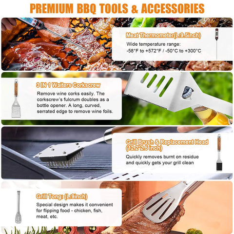 38 Piece Stainless Steel BBQ Grill Tools Set With Aluminum Case Includes spatula, thermometer, corkscrew, grill brush, tongs.