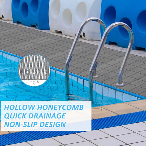 3 By 10 Ft Drainage Pool Floor Mats Non Slip PVC Splash Matting With Mesh Hollow Design around poolside with ladders