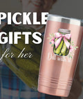 Grab This Dill With It 20 Oz Travel Tumbler Dope Insulated Cup With Secure Lid featuring pickle design and pink bow.