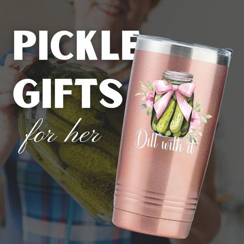 Grab This Dill With It 20 Oz Travel Tumbler Dope Insulated Cup With Secure Lid featuring pickle design and pink bow.