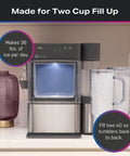 No Cap Portable Nugget Ice Maker Countertop Machine Produces Chewy Pebble Ice Built To Hit Different Perfect For Cocktails Smoothies And Cold Brew Includes Stainless Steel Finish Scoop Clean Kit with two tumblers.