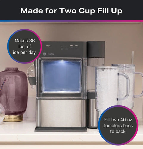 No Cap Portable Nugget Ice Maker Countertop Machine Produces Chewy Pebble Ice Built To Hit Different Perfect For Cocktails Smoothies And Cold Brew Includes Stainless Steel Finish Scoop Clean Kit with two tumblers.