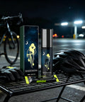 MNVKIJ Multipurpose Night Reflective Spray Agent High Visibility on a table at night with bicycle gear, helmet and gloves.
