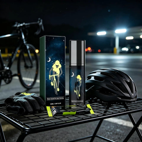 MNVKIJ Multipurpose Night Reflective Spray Agent High Visibility on a table at night with bicycle gear, helmet and gloves.
