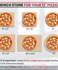 Comparison of pizza sizes on different baking stones, featuring 12" and larger pizzas on stones measuring 15"x12", 16"x14", 20"x13.5".
