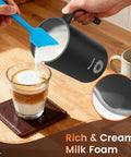 4-In-1 Electric Milk Frother And Steamer For Home Barista Vibes With Hot Dense Foam And Cold Foam Makes Lattes Cappuccinos And Iced Coffee Quiet One-Touch Operation Easy To Clean pouring milk foam into coffee
