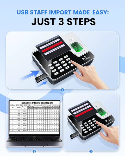 Image showing the Stress Free Standalone Time Clock With Instant Fingerprint Reader USB staff import process on a screen.