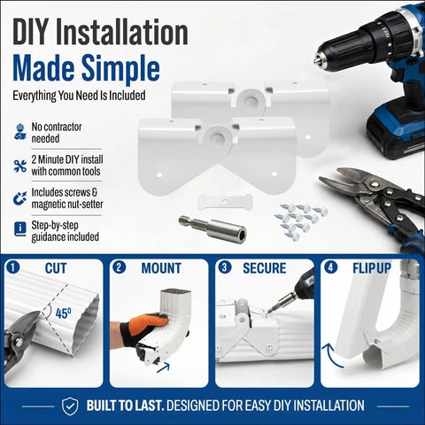DIY installation guide for Flip Up Downspout Gutter Hinge For No Sweat Lawn Care And Smooth Yard Clearance White, tools and parts included.