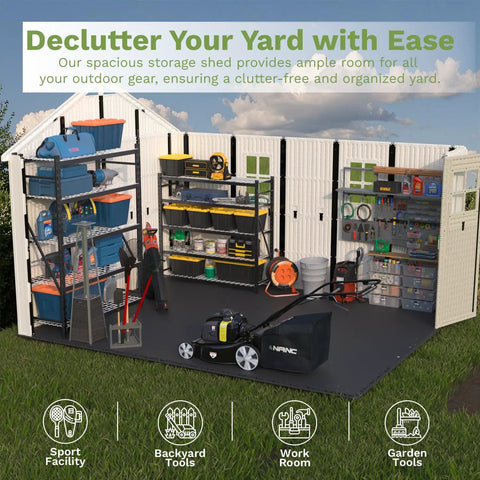 Interior view of 10x12 Ft Outdoor Storage Shed With Floor And Lockable Door All Weather Resin With Skylight And Windows, featuring shelves and tools.