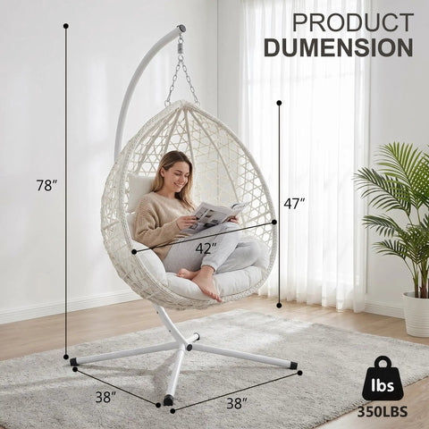 Hanging Egg Chair With Stand For Patio And Balcony, Indoor Outdoor Swing Chair With Comfy Cushioned Seat, Weatherproof PE Wicker