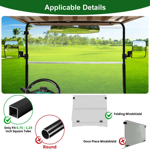 Dead Simple Golf Cart Side And Rear View Mirror Set Offering Badass HD Reflections No Drill Bracket Mount Universal Fitment For Ezgo Club Car Yamaha Boosts Night Vision And Keeps Things Super Chill with detailed view showing installation on golf cart.