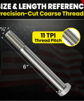 Beefy 5/8-11 Stainless Steel Hex Head Bolts 6 Inch Long, 304 Grade, Outdoor Ready, Heavy Duty Coarse Thread Hardware For DIY Projects, Construction, Marine And More, size reference