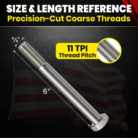 Beefy 5/8-11 Stainless Steel Hex Head Bolts 6 Inch Long, 304 Grade, Outdoor Ready, Heavy Duty Coarse Thread Hardware For DIY Projects, Construction, Marine And More, size reference