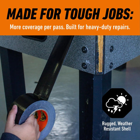 Heavy Duty Black Duct Tape, Extra Wide 2.88 Inch By 25 Yard Roll, Weather Resistant applied to a table edge indoors.