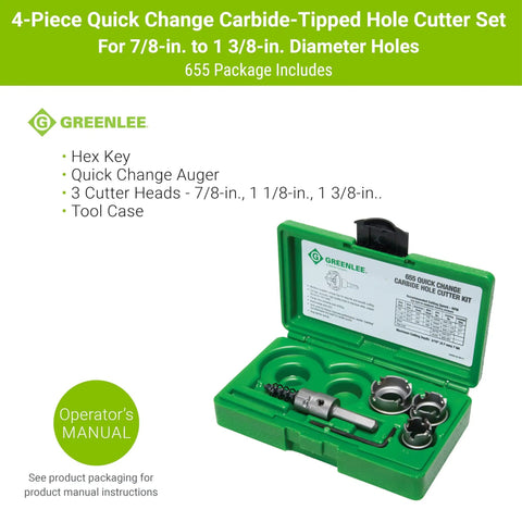 Four Piece Quick Change Carbide Tipped Hole Cutter Set Delivers Fast Precise Holes From Seven Eighths To One And Three Eighths Inches In Stainless Steel Mild Steel Copper And Aluminum With Quick Change Arbor displayed in green case