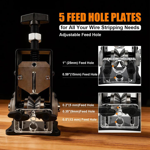 Manual Wire Stripper Machine For 0.06 To 1 Inch Wires showing 5 feed hole plates with adjustable feed holes, front view.