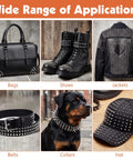Image showcasing applications of Badass 220 Piece Punk Spike And Stud Hardware Kit For Clothing Leather Crafting Includes Tapered Cone Fasteners Extra Long Screws Premium Metal Set on bags, shoes, jackets, belts, collars, and hats.
