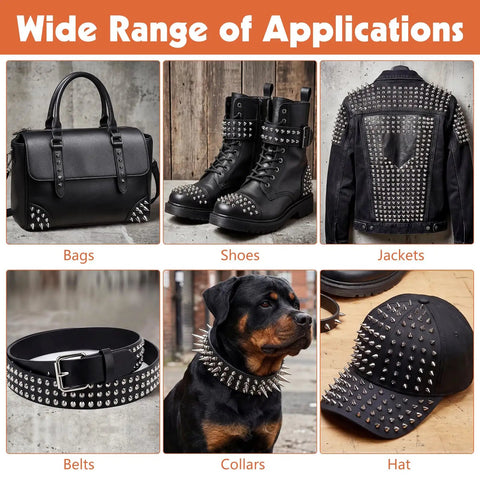 Image showcasing applications of Badass 220 Piece Punk Spike And Stud Hardware Kit For Clothing Leather Crafting Includes Tapered Cone Fasteners Extra Long Screws Premium Metal Set on bags, shoes, jackets, belts, collars, and hats.