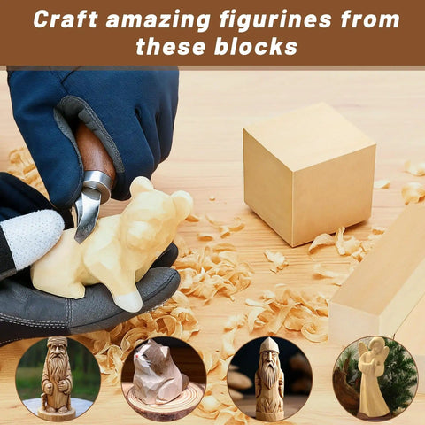 Close-up of basswood carving with gloves, tools, wood shavings, and Basswood Carving Blocks Set for Beginners and Adults