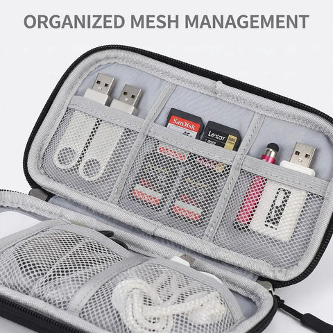 Open Waterproof Travel Cable Organizer Pouch With Double Layer Storage For Cords Chargers Phones And Earphones showing mesh compartments.