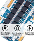 Close-up of Rock Solid 24S 72V 50A LiFePO4 Battery Management System with protection icons.
