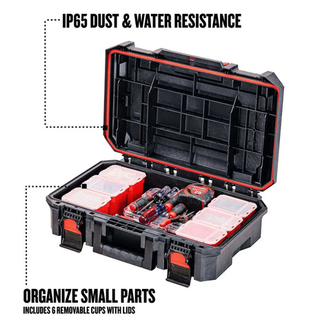 Open TradeStack System Tool Box With Water Resistant Construction 21 Inch showing six small parts containers and durable foam walls.