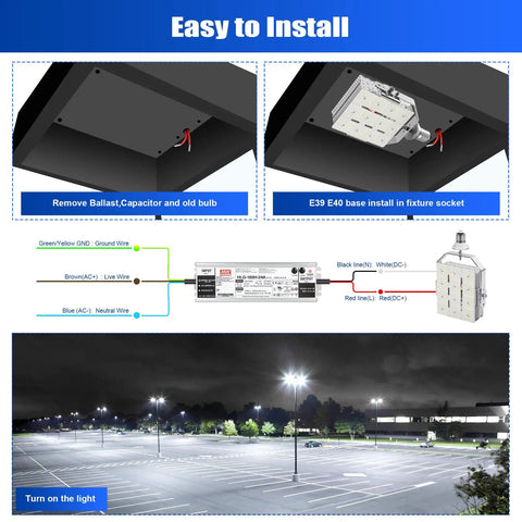 Installation process of 200W Shoebox LED Retrofit Kit With 29000 Lumens At 5000K for E39 base, parking lot lighting.
