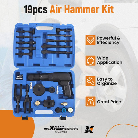 Heavy Duty Air Hammer Chisel Kit With 19 Piece Pneumatic Hammer Set 2100 BPM 10 Cm Stroke Auto Body Repair in blue case