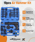 Heavy Duty 19 Pc Air Hammer Chisel Kit For Metal Cutting And Auto Body Repair Fits Pneumatic Pistol Grinders With Versatile Accessories in blue case