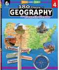 Geography For Fourth Grade Daily Hands On Practice Workbook with US map, compass, and landmarks on the cover.