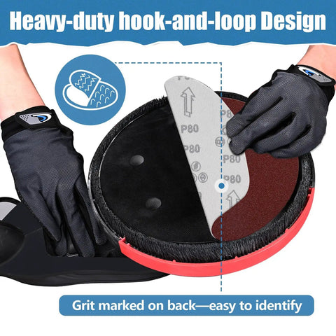 9 Inch 6 Hole Sanding Discs For Drywall Sander With Hook And Loop Backing shown being installed by gloved hands
