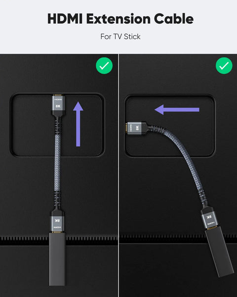 HDMI 2.1 male to female extension cable for TV stick, showcasing smooth 8K output and versatility in use.