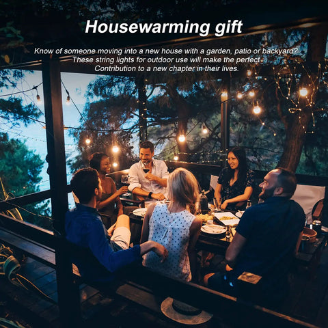 Group enjoying outdoor dinner with string lights on deck, using Outdoor String Light Poles 2 Pack 9 Ft Adjustable Pole And Bracket Kit.