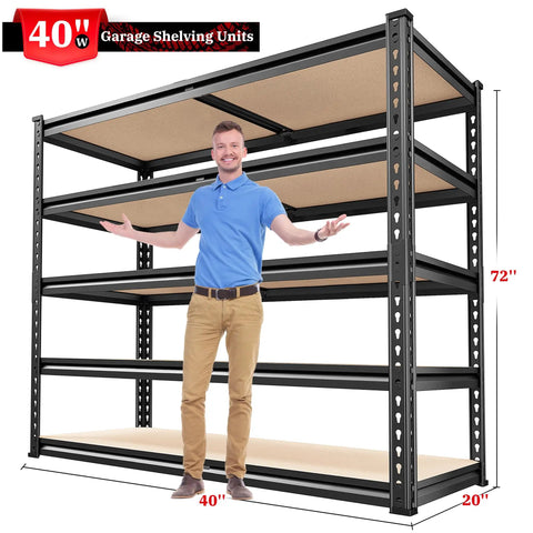 40 Inch Wide Heavy Duty Garage Shelving System With 2500 Pound Capacity Thickened Steel Posts Five Shelf Support Bars Durable Wood Boards Perfect Basement Organization For Tools Parts And Gear. 72x40x20 inch steel and wood shelving