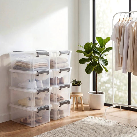 17 Quart Clear Plastic Storage Bins With Latching Lids Stackable Storage Containers in closet filled with clothes and shoes