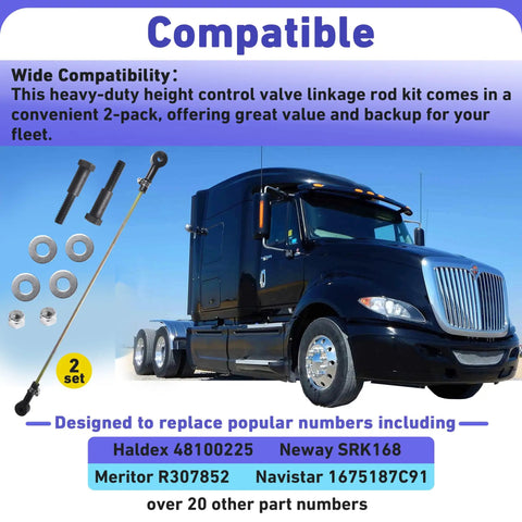Two Pack Height Control Valve Adjustable Linkage Rod Kit 13.5 To 19.5 Inch Fits Haldex 48100225 Neway SRK168 Meritor R307852 For Semi Trucks And Heavy Duty Rigs With Air Suspension, 2-piece kit with rods, washers, nuts