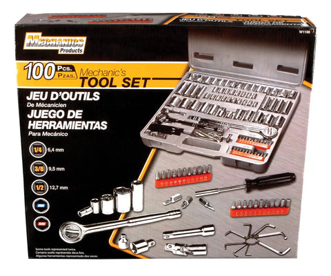 Box display of SAE And Metric 100 Piece Socket Set With One Quarter Inch Drive Three Eighths Inch Drive And One Half Inch Drive Plus Bit Set Ratchets U Joint Extensions Adapters And Six Point Sockets For DIY Enthusiasts And Pros.