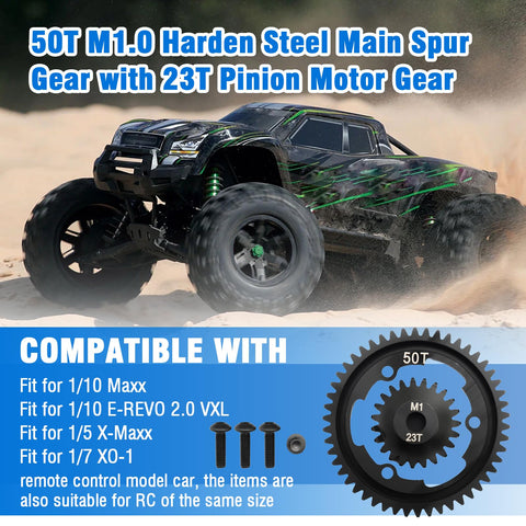Beefed Up 50T M1.0 Hardened Steel Main Spur Gear With 23T Pinion For Traxxas RC Cars Upgrade Kit shown with compatible vehicles