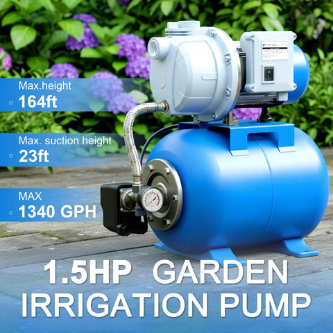 1.5HP Shallow Well Pump With Pressure Tank And 1340 GPH Jet Pump For Home Garden Irrigation, Water Transfer And Drainage