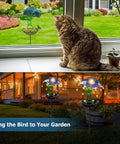Totally Solar Frog Bird Feeder With Umbrella Garden Solar Powered Lights for yard decor, daytime and nighttime display with cat view.