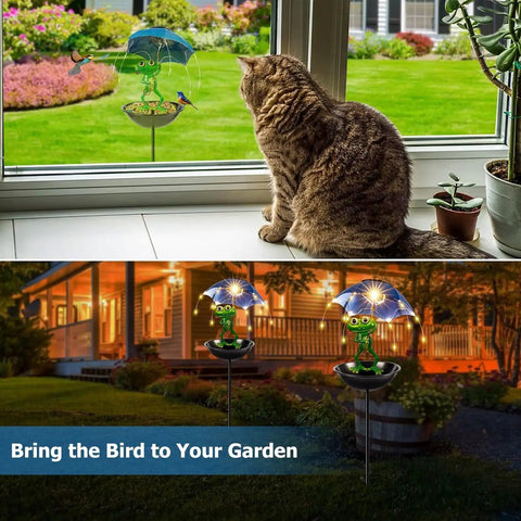 Totally Solar Frog Bird Feeder With Umbrella Garden Solar Powered Lights for yard decor, daytime and nighttime display with cat view.