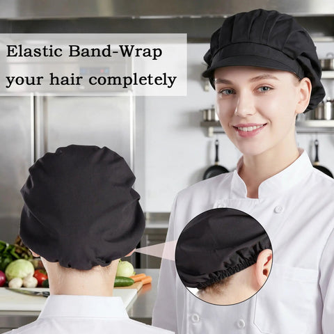 Top Shelf Three Pack Chef Hats For Women And Men With Brimmed Elastic Fit Breathable Poly Cotton Kitchen Cooking Caps for restaurant use.