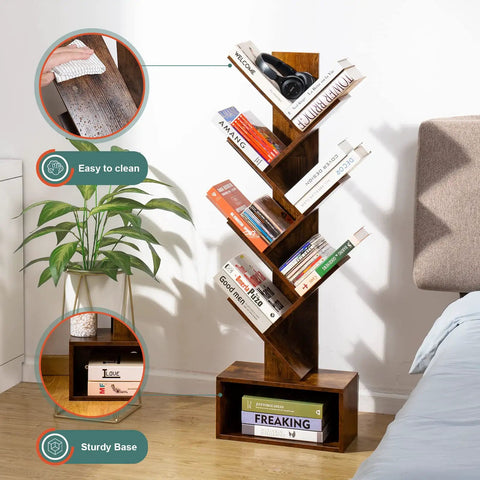 6 Shelf Retro Floor Standing Bookcase In Rustic Brown With Tall Wood Storage Rack showing books, headphones, and plant nearby